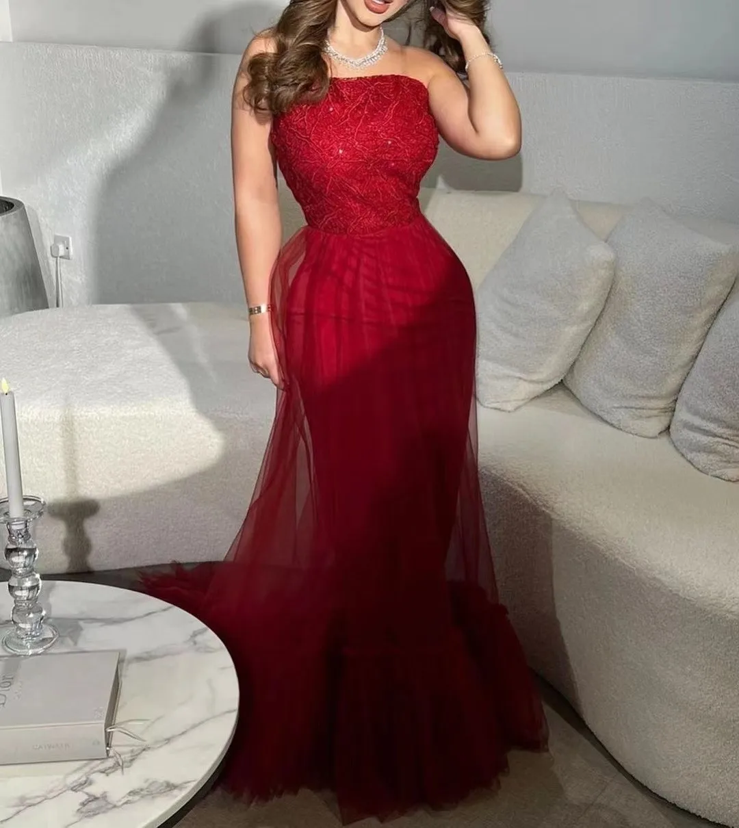 Customized Light Burgundy Mermaid Prom Dresses Strapless Lace Top Formal Party Women Wear Long Tulle Overskirts Evening Gowns