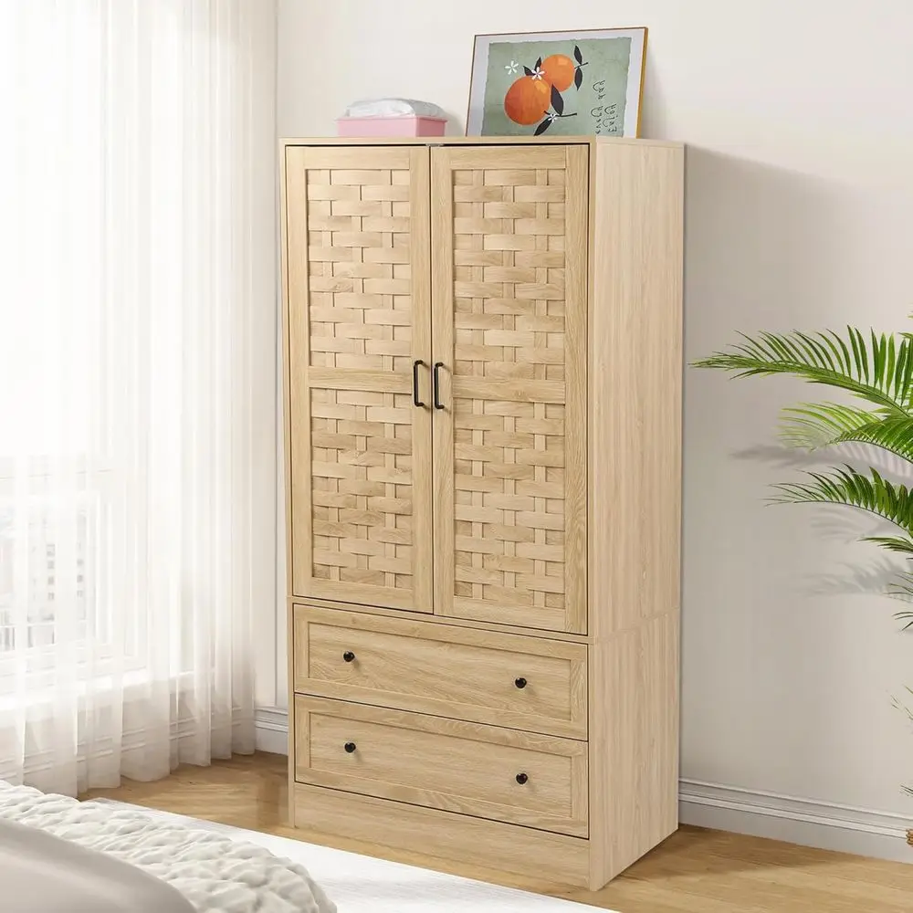 

Natural Wooden Standing Closet with Storage Drawers and Hanging Rail