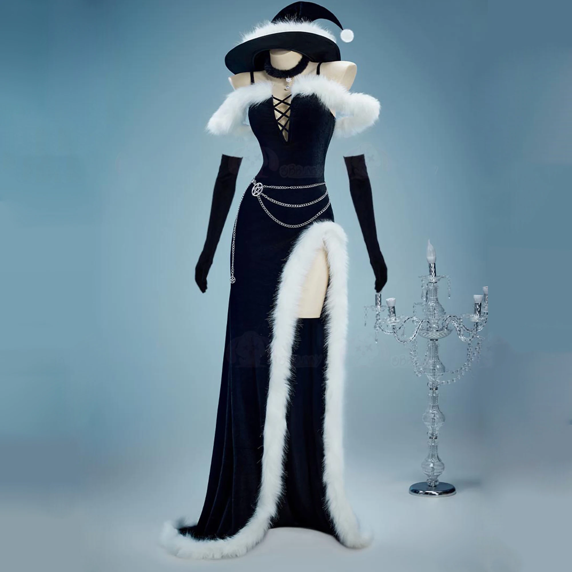 

Рождественский карнавальный костюм, женский сексуальный плюшевый слинг, черное платье, перчатки, шляпа, наряд, темное платье ведьмы, карнавальная праздничная одежда на Хэллоуин