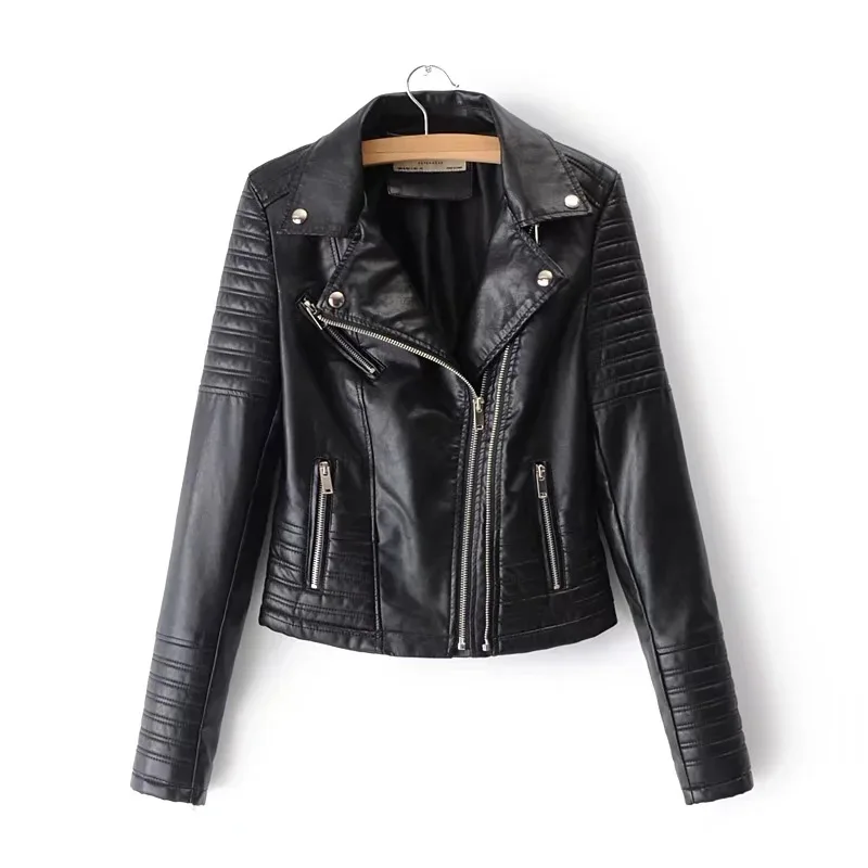 Chaqueta de cuero para mujer, abrigo Punk negro con cuello vuelto de Pu para motocicleta, prendas de vestir exteriores con cremallera y remaches