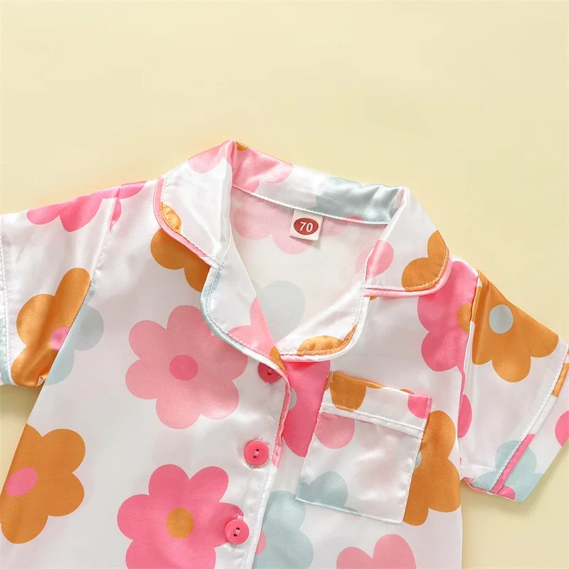 1-6Y Toddler Girls Floral Silk Pajamas Satin Short Sleeve Button Down Shirt Top Shorts Summer Flower Pajama Sets