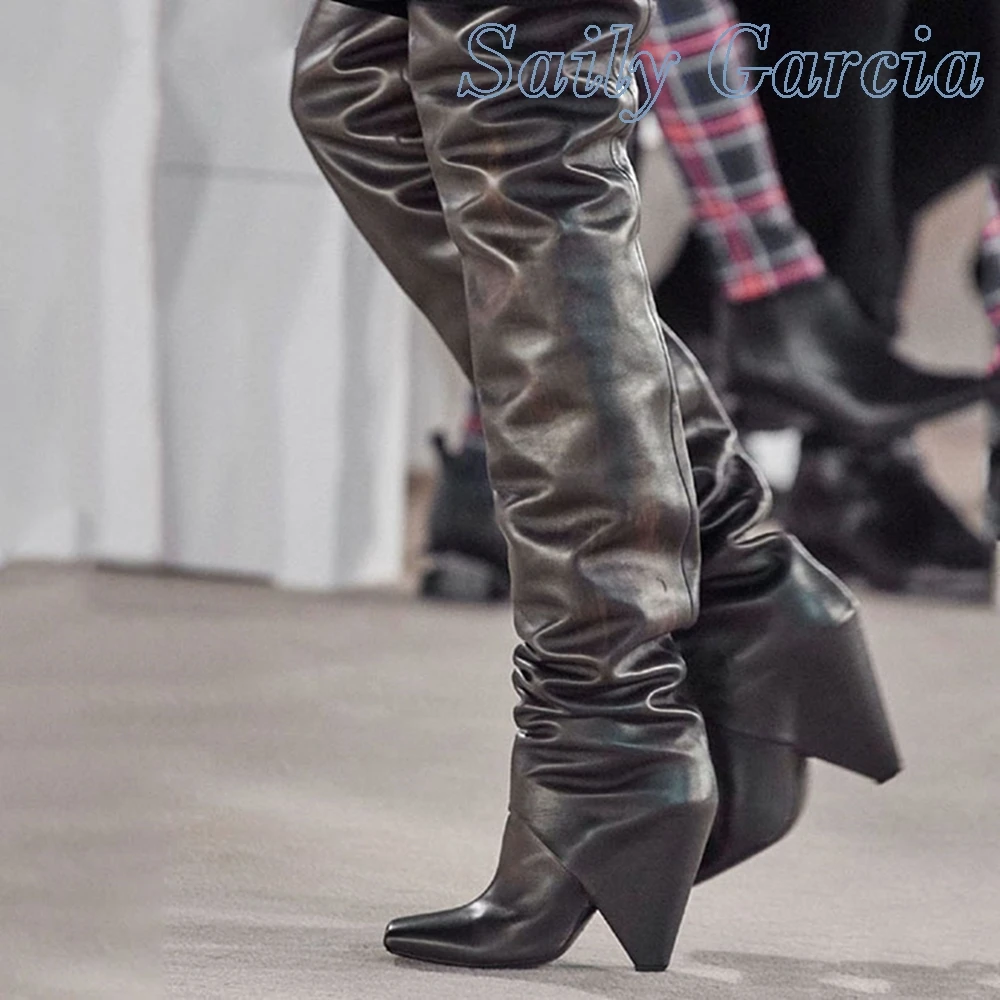 Pleated Concise Solid Catwalk Square Toe Pants Boots Niche 2024 Winter Woman Fashion Over the Knee Riders Spike Heels Shoes