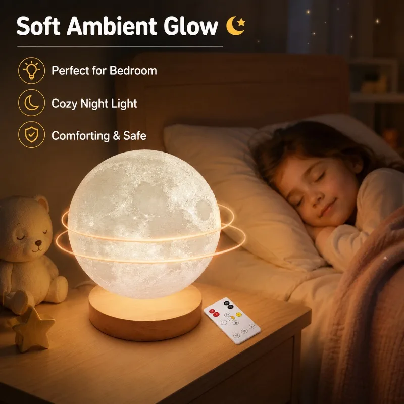 3D Moon Lamp Remote Control RGB LED Night Light Rotating Lunar Ball Bedroom Desk Decor Gift for Kids Room Home Atmosphere