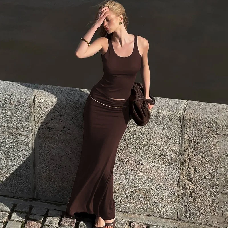

Fashion Sexy Tank Top Slim Skirt Two Piece Sets Women Summer Sleeveless Crop Top Maxi Skirt Female Beach Club 2 Piece Set 2025
