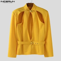 INCERUN Men Blazer Solid Stand Collar Long Sleeve Hollow Out Male Suit Streetwear Personality Fashion Casual Blazer With Belt 4