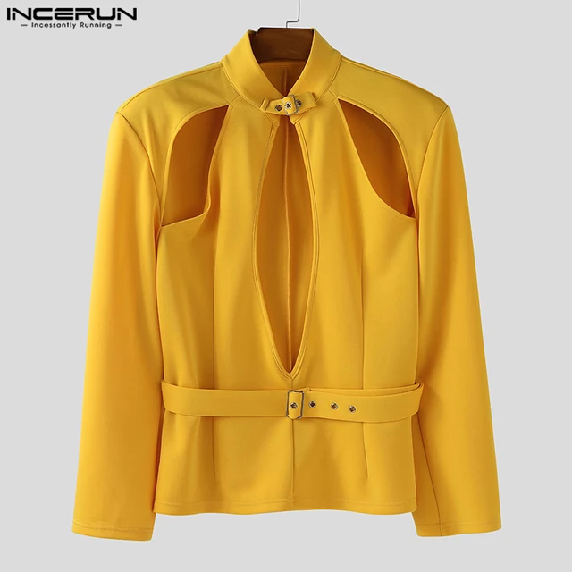 INCERUN Men Blazer Solid Stand Collar Long Sleeve Hollow Out Male Suit Streetwear Personality Fashion Casual Blazer With Belt 4
