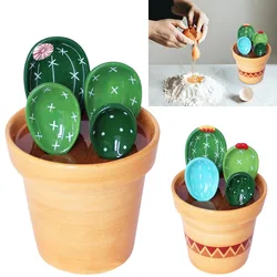 Porcelain Measuring Spoons Set with Base Cute Cactus Shape Stirring