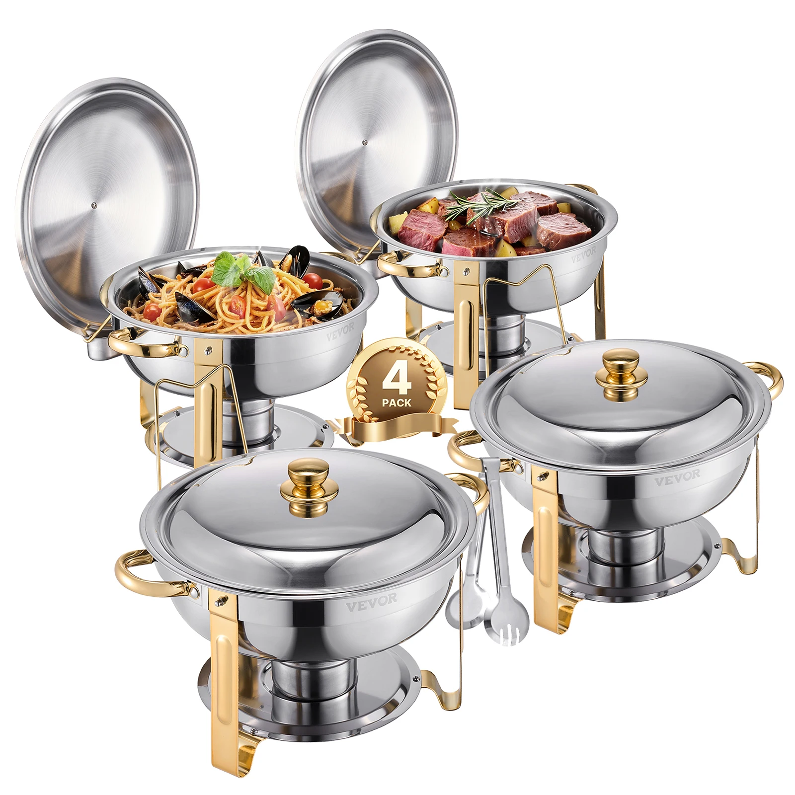 SucceBuy 4-pack komfoorbuffetset roestvrijstalen chafer met 4 full size pan ronde catering warmer server voor feestbanketten - afbeelding 2