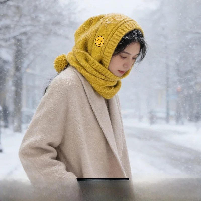 dfemhoves-winter-knitted-hat-with-scarf-integrated-hooded-women's-fashionable-warm-cap-round-top-no-brim-youth-suitable