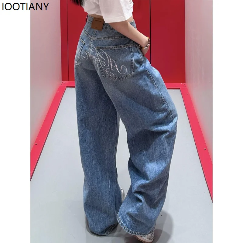 Large Size Hot Diamond Blue Vintage Letters Rhinestone Women's Jeans Washed High Waist Wide Leg American Loose Y2k Streetwear