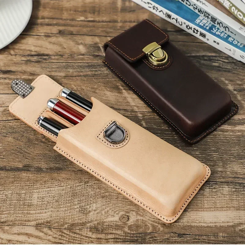 3/5 Slots Luxury Genuine Leather Pen Case Handcrafted with Removable Pen Tray Holder Pencil Case Stationery School Supplies