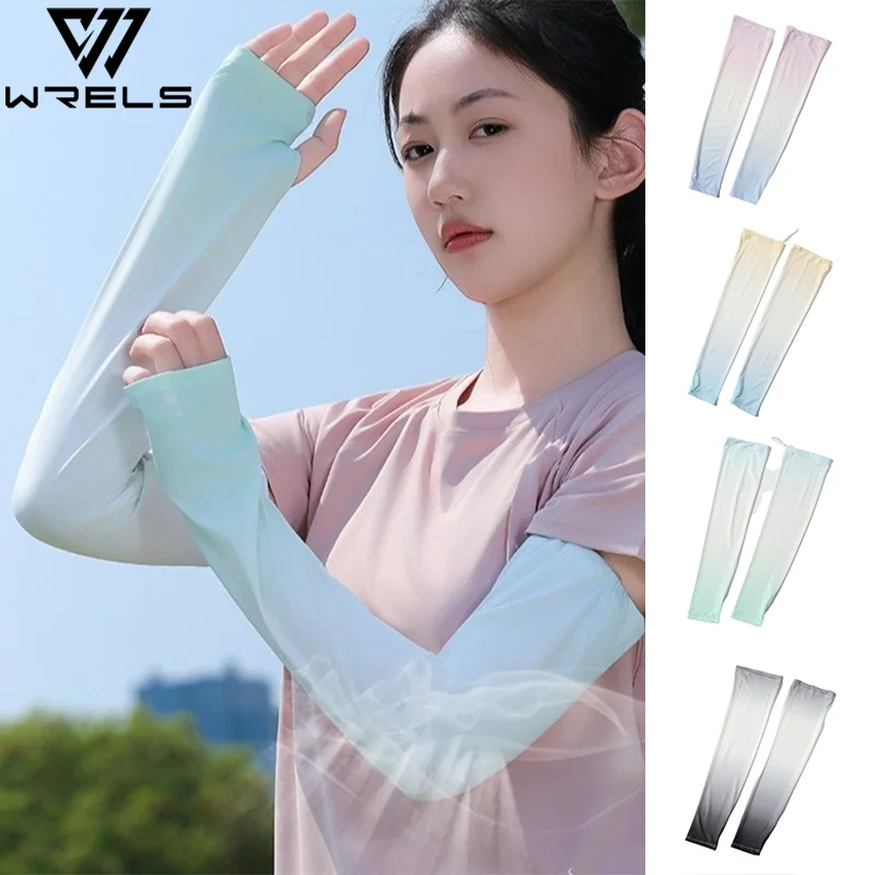 Manguitos sin dedos de seda helada para verano, protección solar UV para ciclismo, con color degradado y cordón ajustable, para exteriores