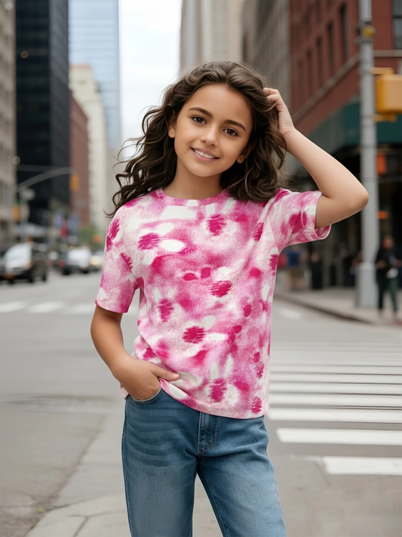 

2026 new children's tie-dye T-shirt, girls' summer short sleeves, pink gradual change printed top