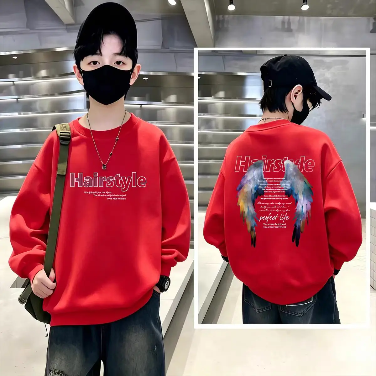 Boys Crew Neck Sweatshirt Colorful Wing Letter Print Kids Casual Loose Long Sleeve Pullover Top