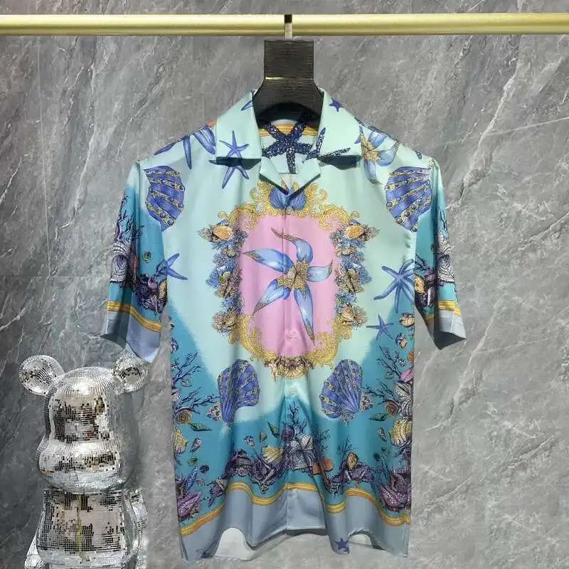 High Quality Ocean World Contrast Print Short Sleeve Shirt Holiday Casual Dress Blouse Clothes Shirts Slim Mode Chemise Homme