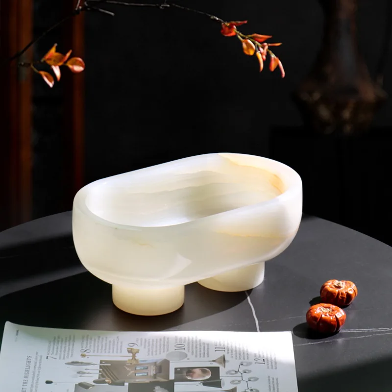 luxury high-end marble white jade ornament designer model house jewelry restaurant fruit plate desktop storage plate