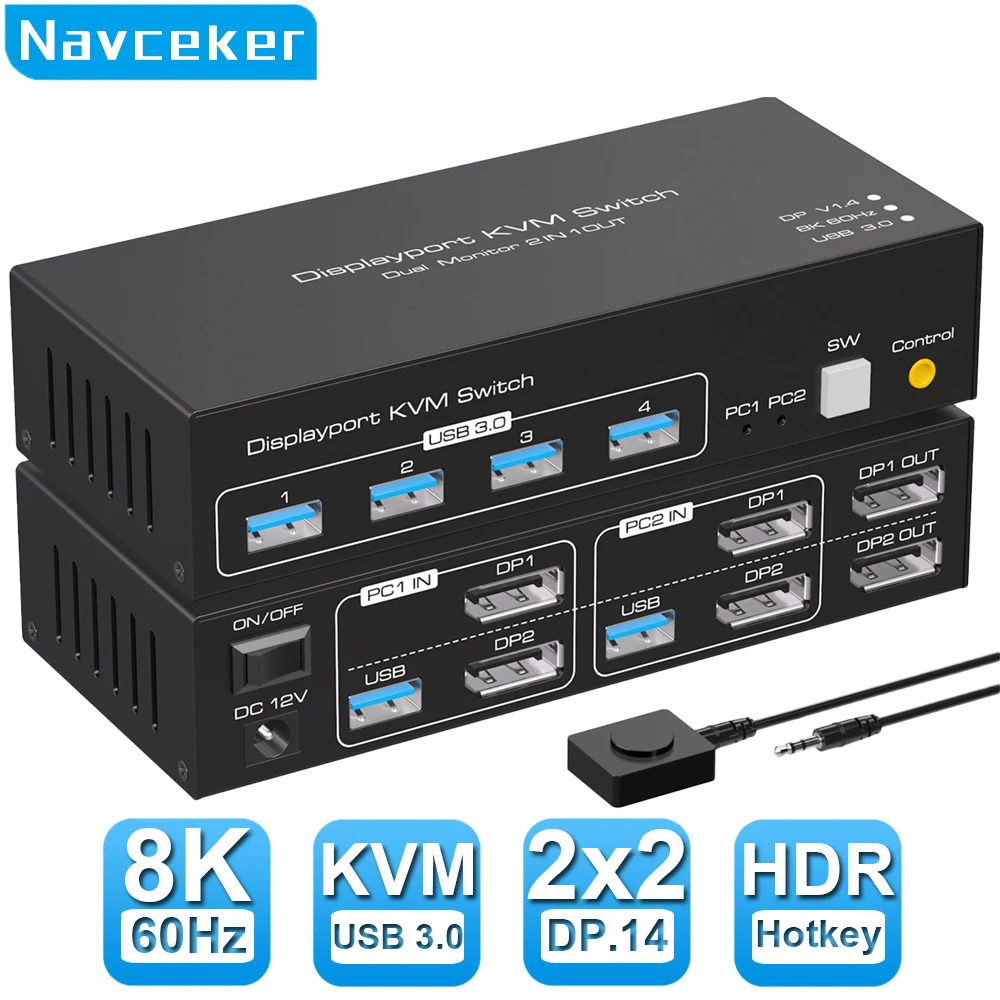 

Navceker Dual Monitor DP KVM Switch 4K 120Hz 2x2 USB 3.0 HDMI KVM Switch 2 in 2 out 8K 60Hz Mixed Display 2 Monitors 2 Computer