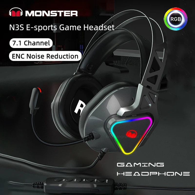 Imagem -02 - Enc Gaming Headconjunto com Microfone Rgb Led Light Cancelamento de Ruído Stereo Magic Sound Fones de Ouvido para Gamers 7.1 Monster-n3s