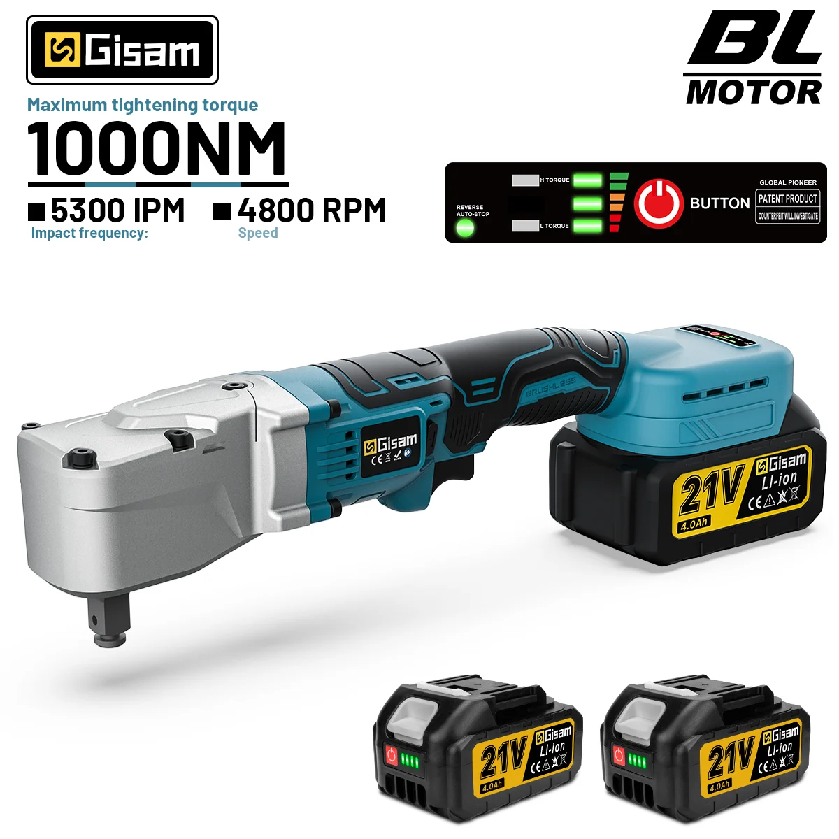 Gisam – bezszczotkowy, elektryczny klucz zapadkowy 1000 N.M, klucz kątowy 1/2'', klucz do śrub i nakrętek z diodą LED, elektryczna wkrętarka, wiertarka, narzędzie do naprawy samochodów, kompatybilne z