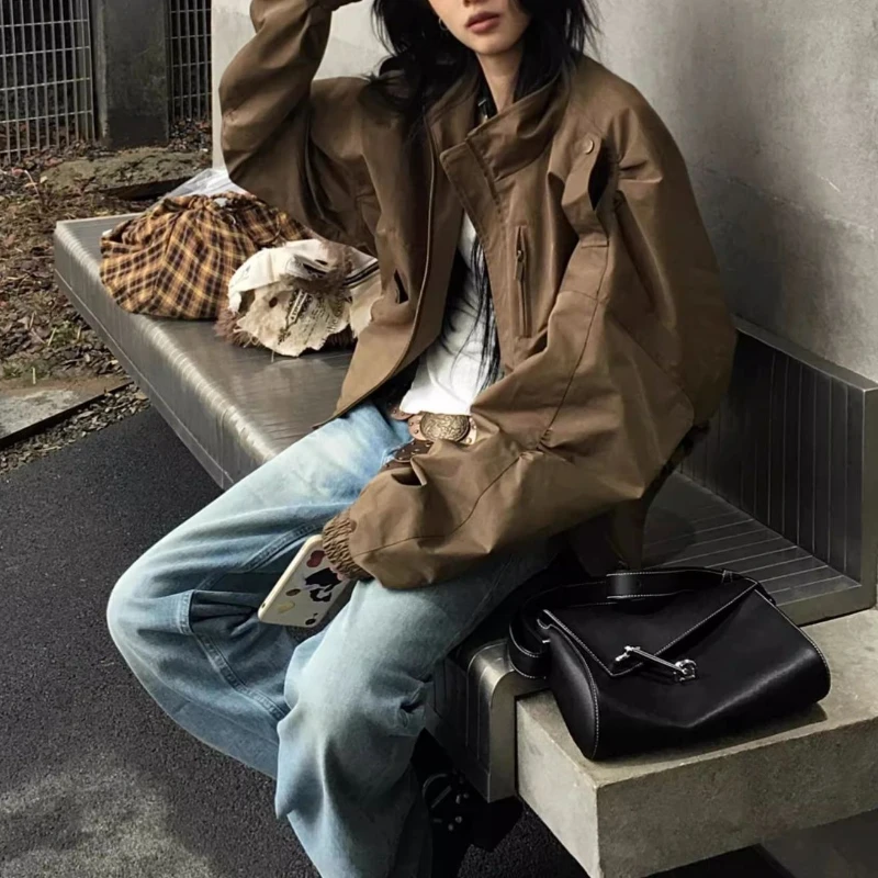 

American Vintage Khaki Jacket Women's Loose Collar Design Sense Baseball Uniform Jacket Fashion Coat