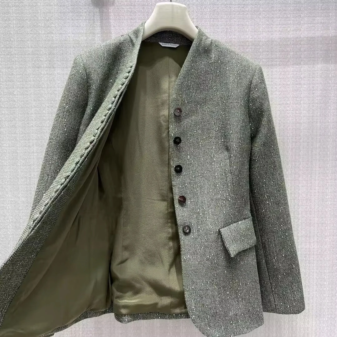 French Elegant Fashion Green Sequins Tweed Designer Blazer Suit Women Stand Collar Long Sleeve Single Breasted Retro Slim Coat