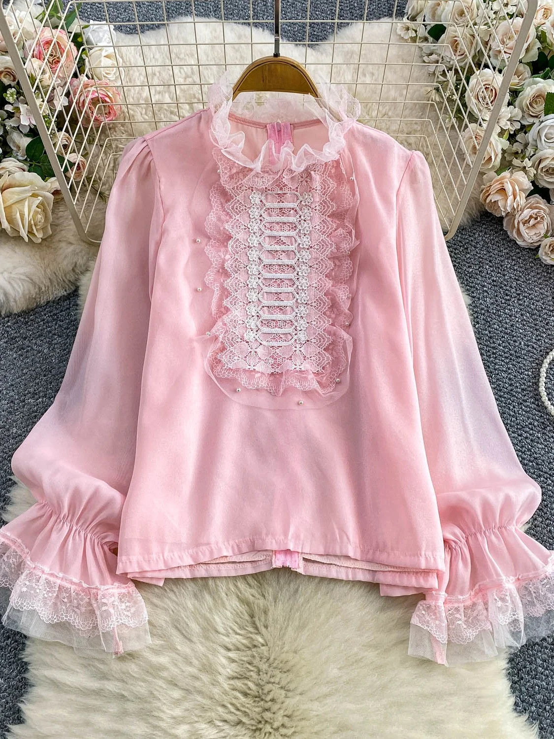 

Ele Lace Splicing Bell Sve irt Women's Sle Court Faion Stand Collar Top Age Reducing Loose Fit Long Sve