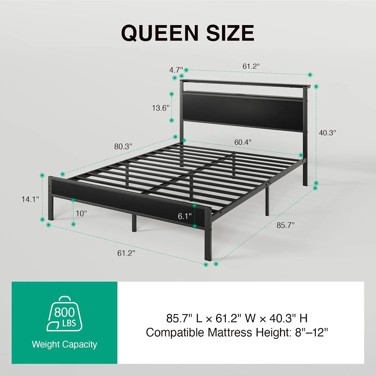 Queen Size Metal Platform Bed Frame with Charging Station and LED Lights, 2-Tier Storage Headboard, Smart Music Sync, No Box Spring Required, Easy to Assemble, Black