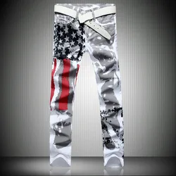 New Style European and American Young Men's Jeans, White, Slim-fit, Casual, Men's Trousers with Red Stripes and Pentagrams