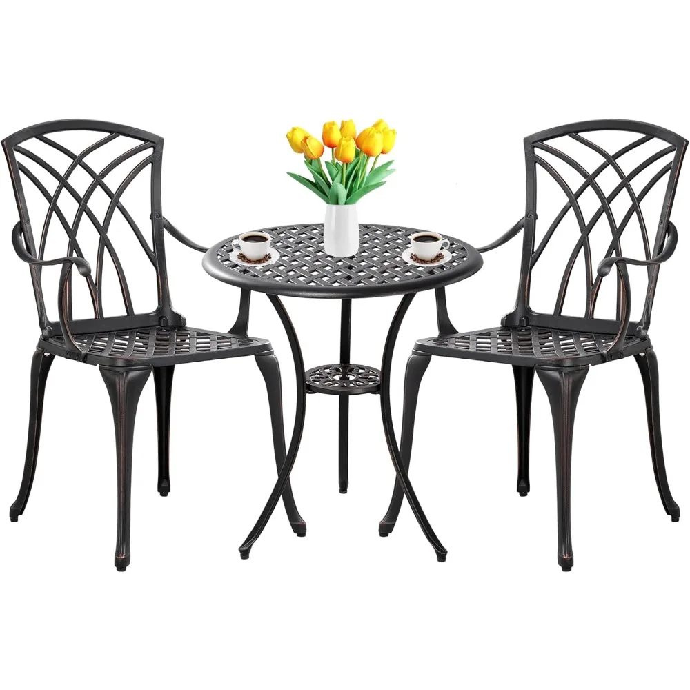 Durable Patio Set for Porch，3 Piece Patio Bistro Set Outdoor Bistro Table Set Anti Rust Bistro Table and Chairs w/Umbrella Hole