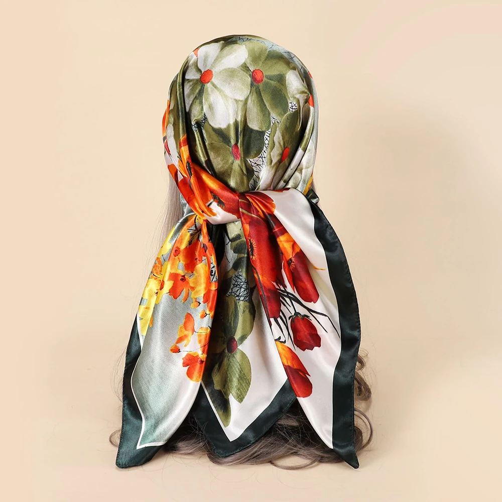 90cm European New Pastoral Style Plain Color Retro Floral Femininity All-match Large Square Scarf Travel Shawl Small Neck Scarf