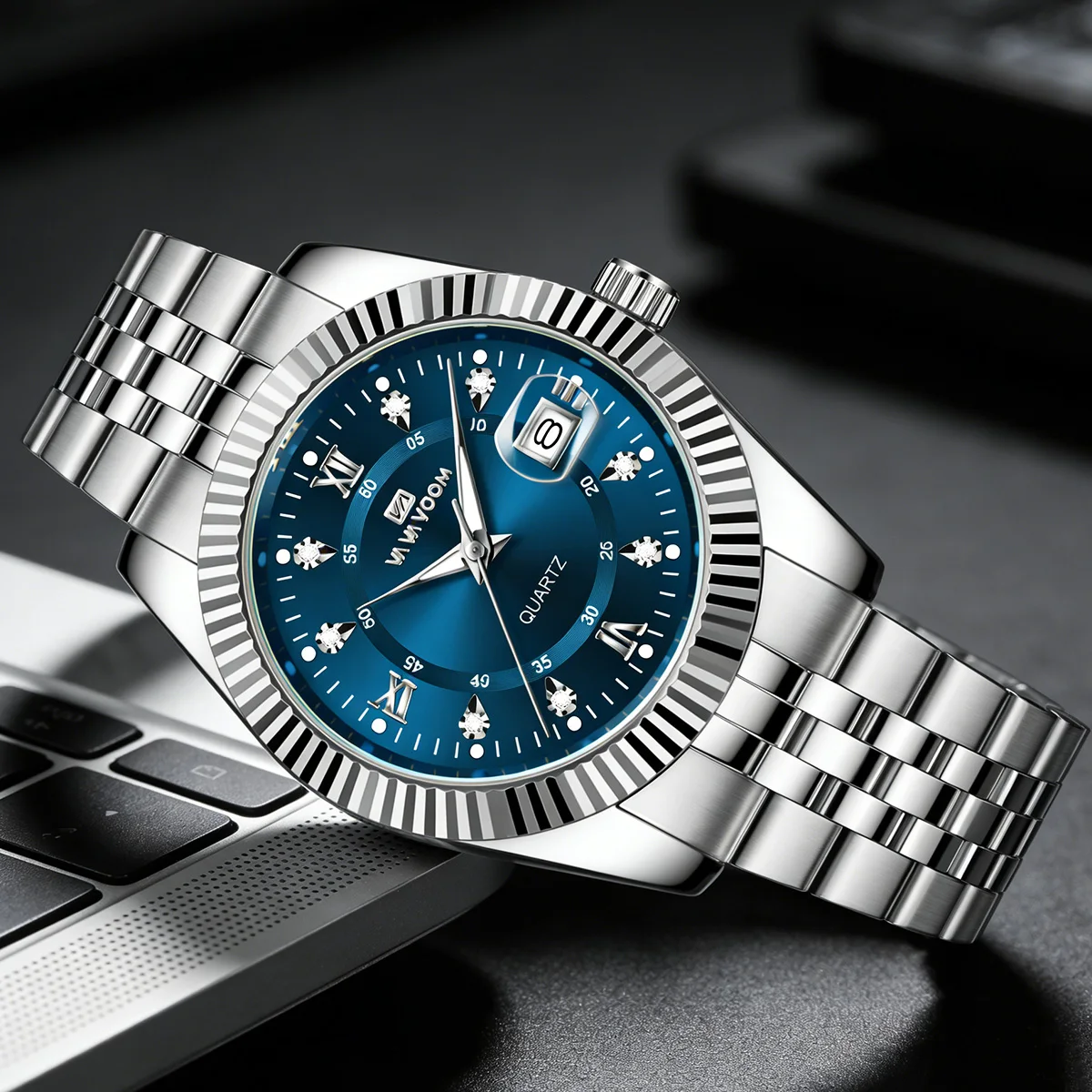 Men Luxury Watch Quartz Movement Gold Bezel 40mm Case Blue Dial Brand Business Diamond Clock Two Tone Stainless Steel Watch Men