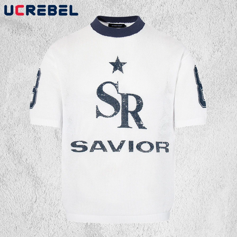 

Letter Print Knitted Short Sleeve T-shirt Mens Summer Retro High Street Spliced Crew Neck Half-Sleeve Tshirt Man