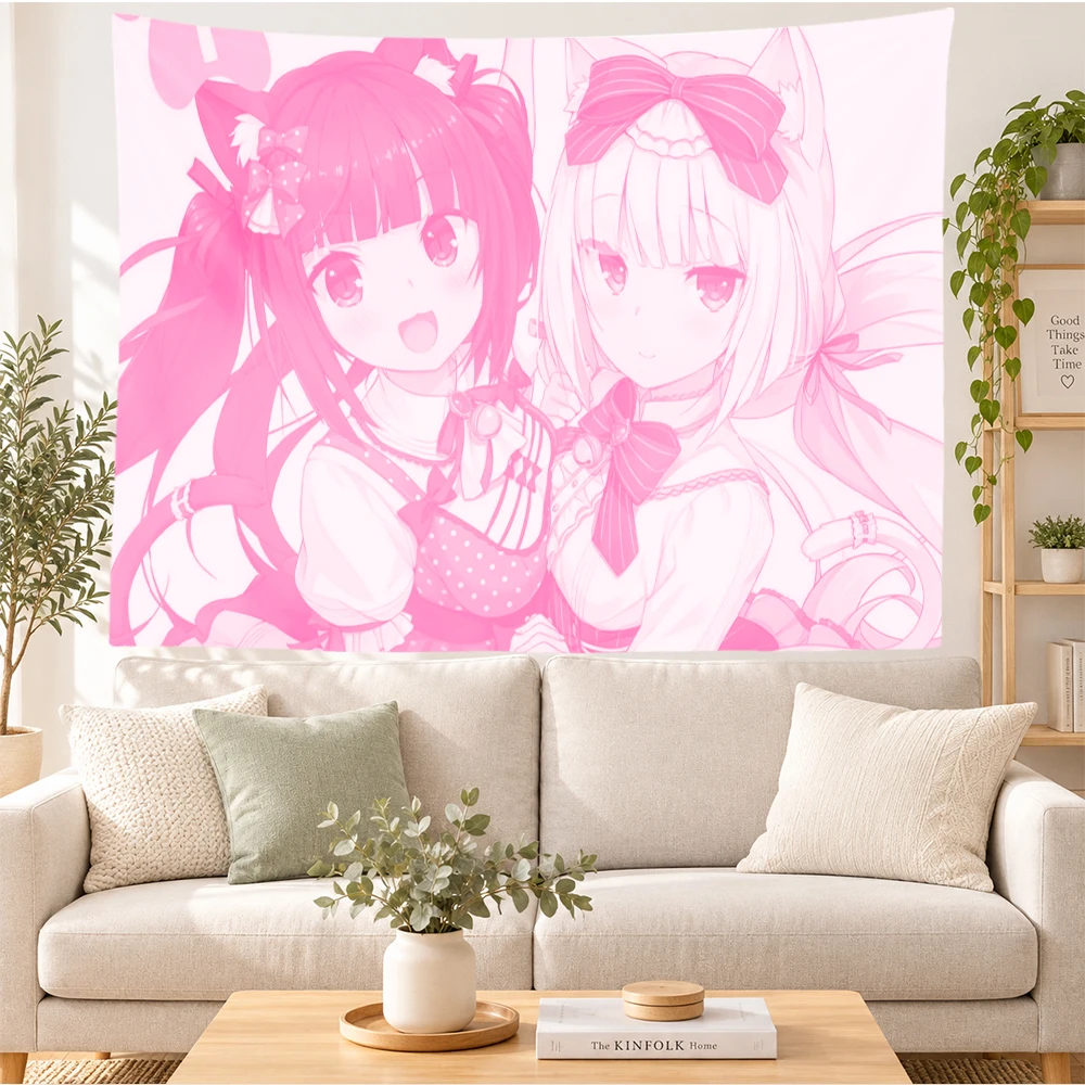 Pink Cartoon Cat Ears Girls Print Tapestry Cute Kawaii Pastel Wall Hanging Cloth Bedroom Dorm Home Decor Room Decoration Gift