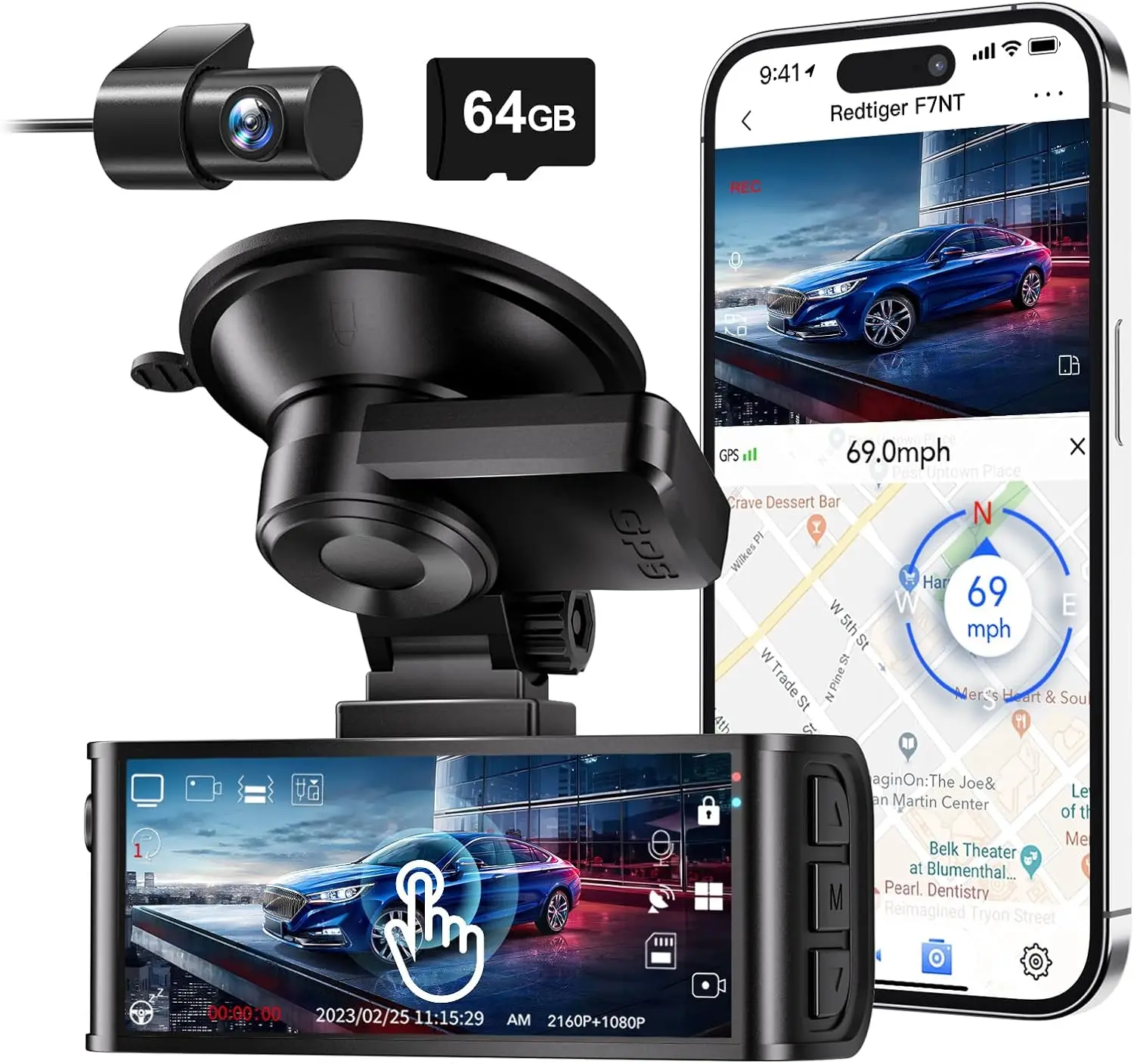 

4K Dash Cam Front and Rear, Touch Screen 3.18 Inch, 64GB Card Included, Car Dash Camera Built-in WiFi GPS