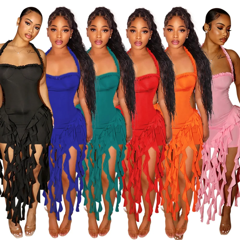 

Europe and United States Solid Color Fringe Hanging Neck Bag Hip Dress Women's New Fashion Dress Skirt Dropshipping