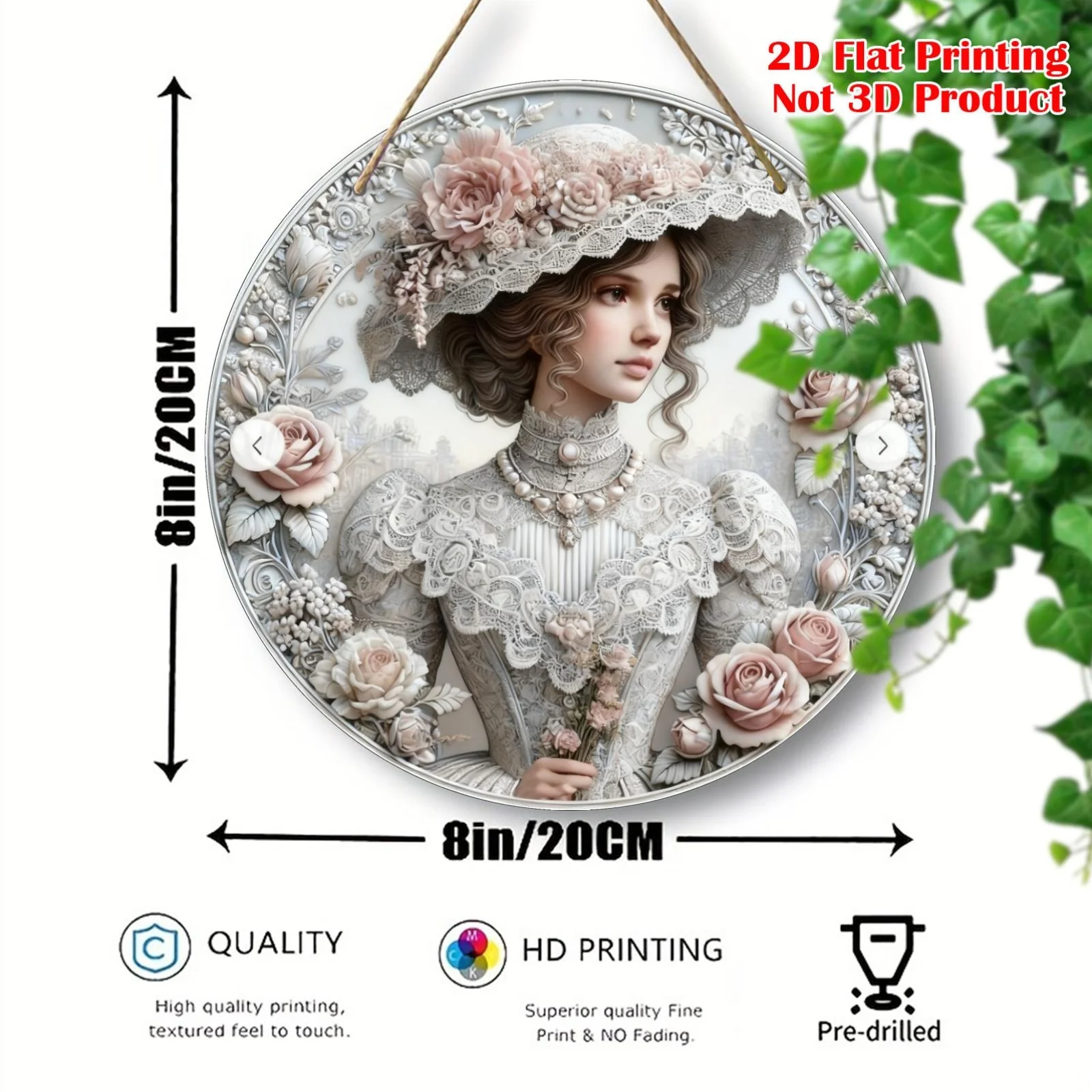 2D Flat - A Round Wooden Decorative Plaque Measuring 8*8 Inches (20*20 Cm) Featuring a Classic Noble Girl Portrait. This Circula