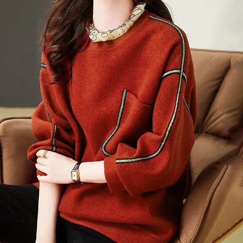 Spring Autumn Fake Two Pieces Sweatshirts Korean Pockets Women\'s Clothing Bright Line Decoration Fashion Lace Spliced Pullovers