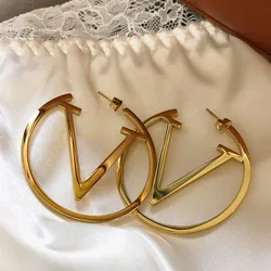 Luxury Brand Exaggerate Geometric Hollow Letter V Dangle Earrings for Women Personality Stainless Steel Korea Jewelry Fastness