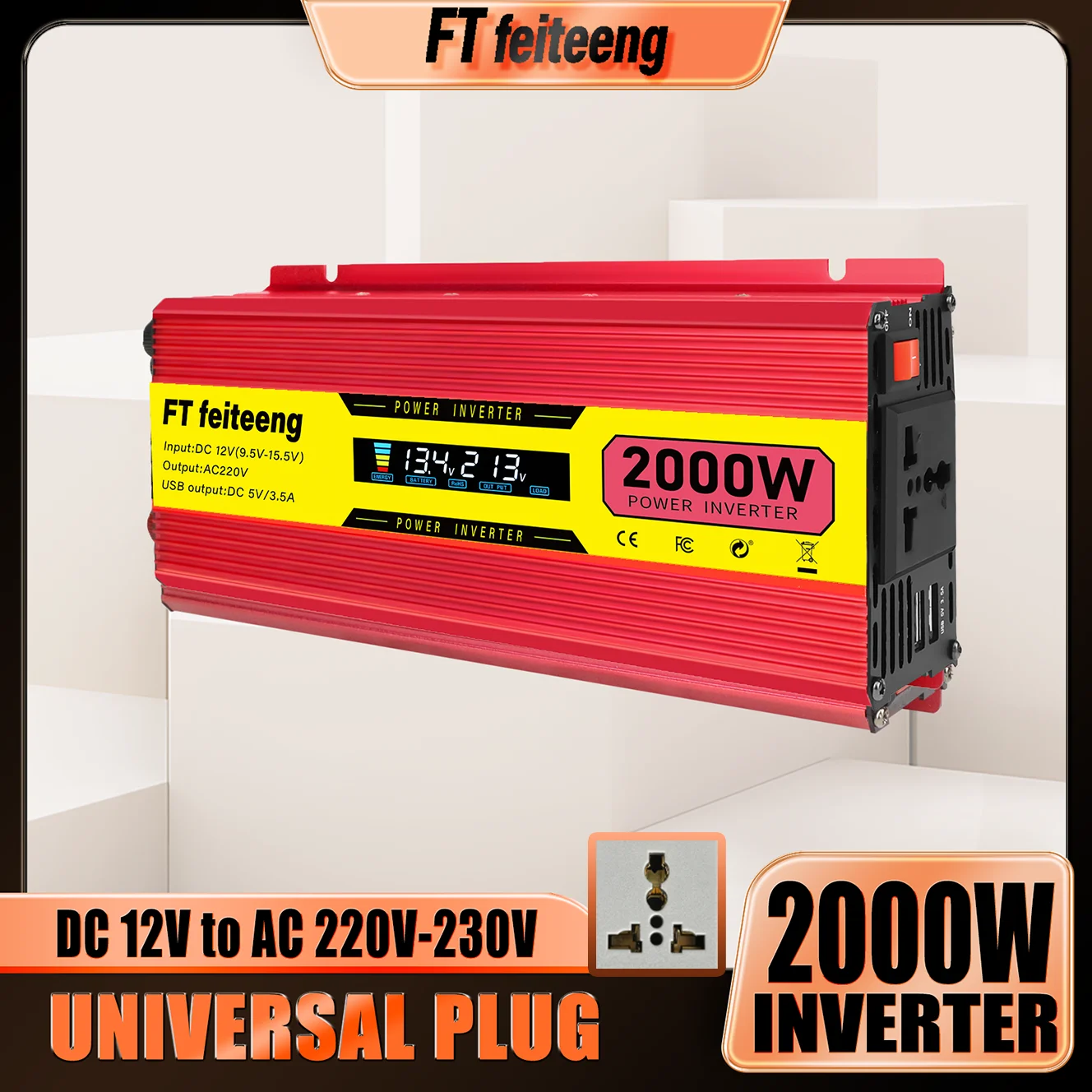 

FT feiteeng 2000W Power Inverter 12V to 220V AC,Universal Plug, for TV Fan LED Lights, Home Backup Power Supply, Solar Panel