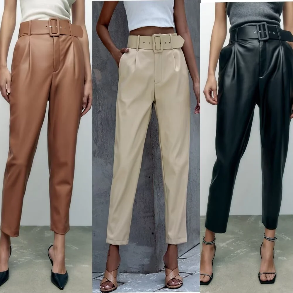 2024 Spring New Women\'s Fashion and Casual High Waist Solid Color Matching Belt, Long Pants, Leather Pants