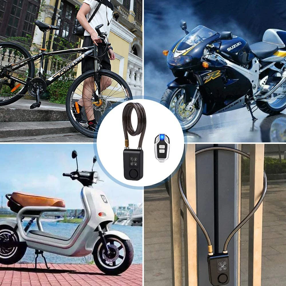 Bloqueio da motocicleta bicicleta elétrica com controle remoto sem fio, scooter, bicicleta, assaltante, vibração, cabo de alarme, impermeável, 110dB