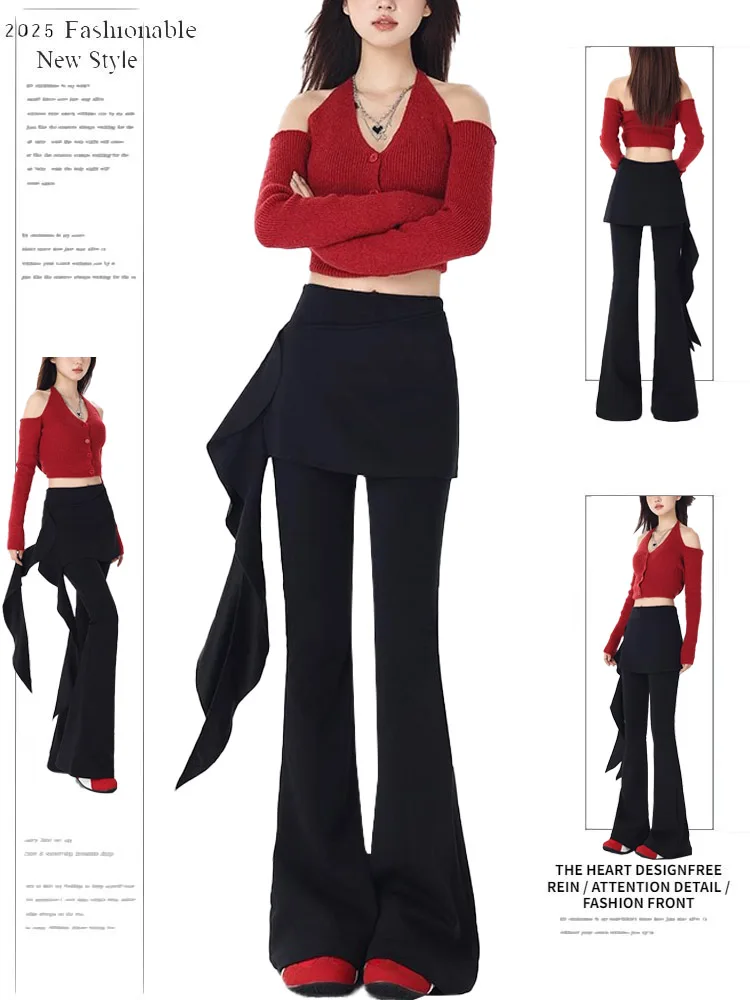 

Black Asymmetrical Bell Bottom Pants Women's Slim Fit High Waist Casual Trousers Korean Style Straight Leg Long Pants