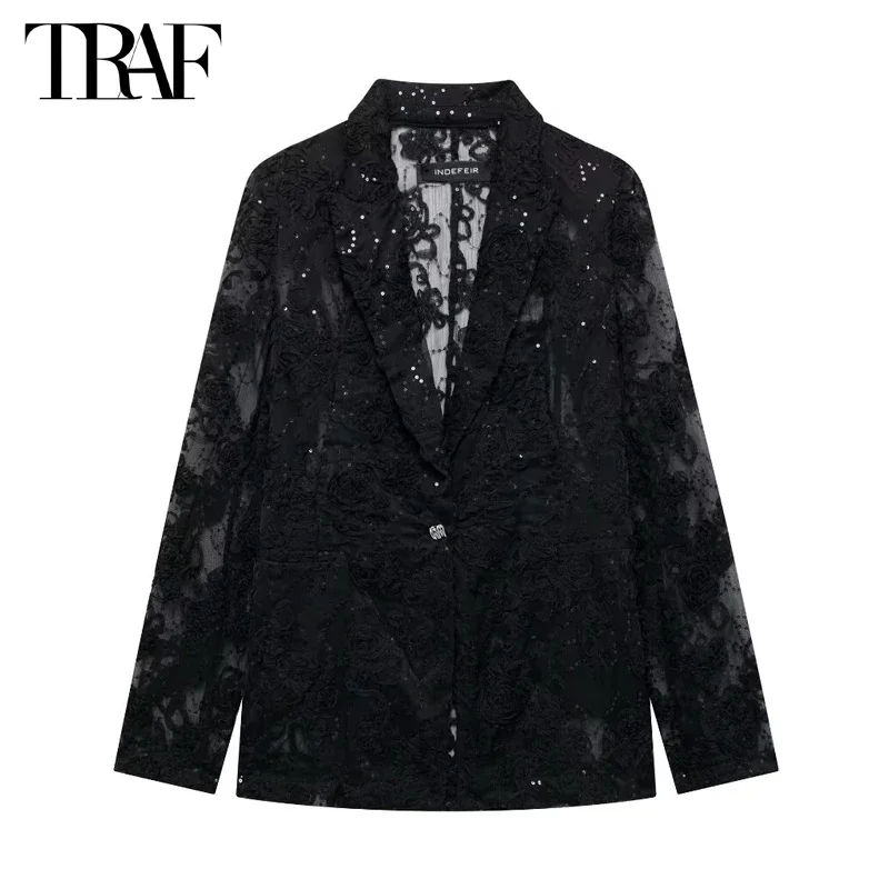 TRAF 2024 Flower Sequin Blazer Women Black Semi Sheer Women's Blazers Long Sleeve Textured Blazer Woman New in Outerwears Jacket