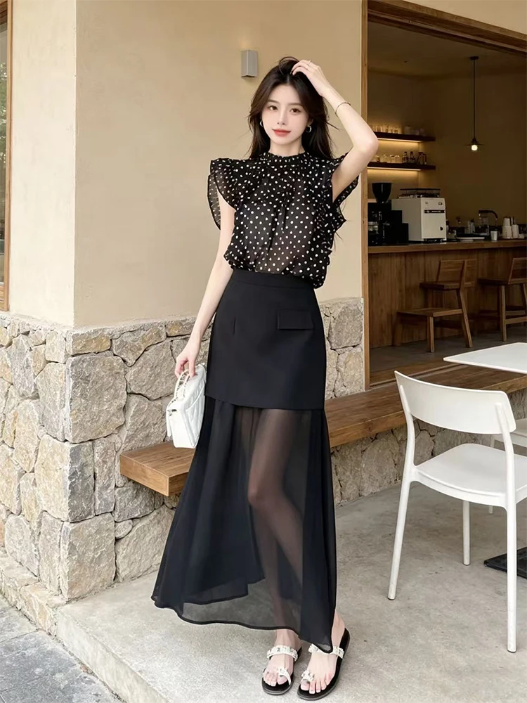 

Summer Polka Dot Shirt High Waist Skirt Set Women's Fashion Outfit Elegant Ladylike Print Blouse Short Sleeve Two Piece Set