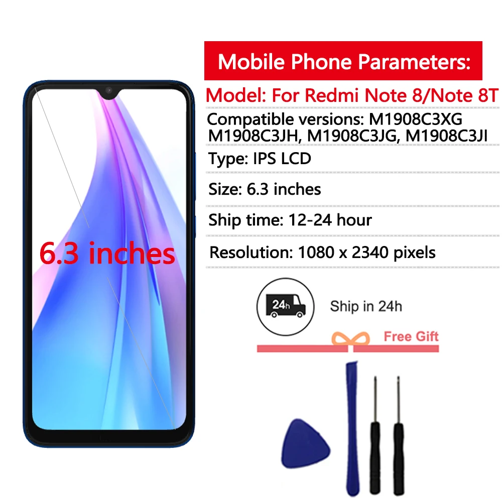 6.3 \'\'Note 8T Display Für Xiaomi Redmi Hinweis 8T M1908C3XG LCD Display Touchscreen Digitizer Montage Für redmi Hinweis 8 LCD Display