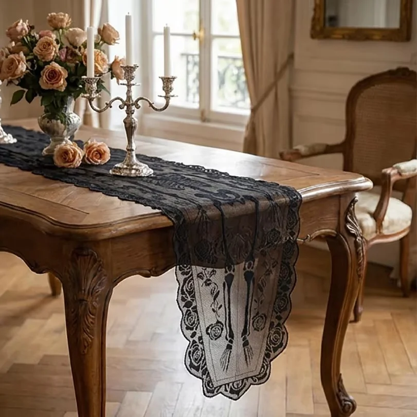 Halloween spooky skull table flag, rose lace trim, haunted house / party table decoration cloth