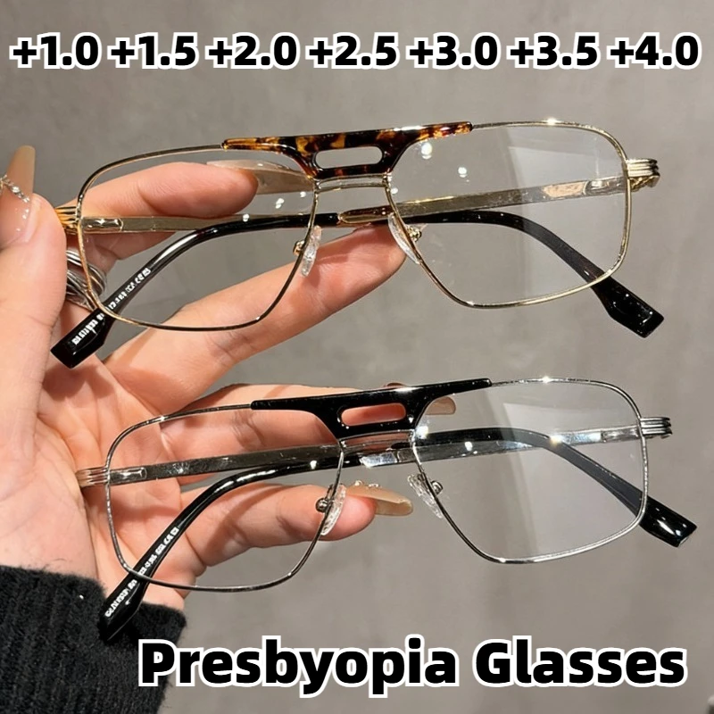 

New Double-Bridge Square-Frame Metal Anti-Blue Light Presbyopia Glasses High-Definition Comfort Reading Eyewear +1.0 To +4.0