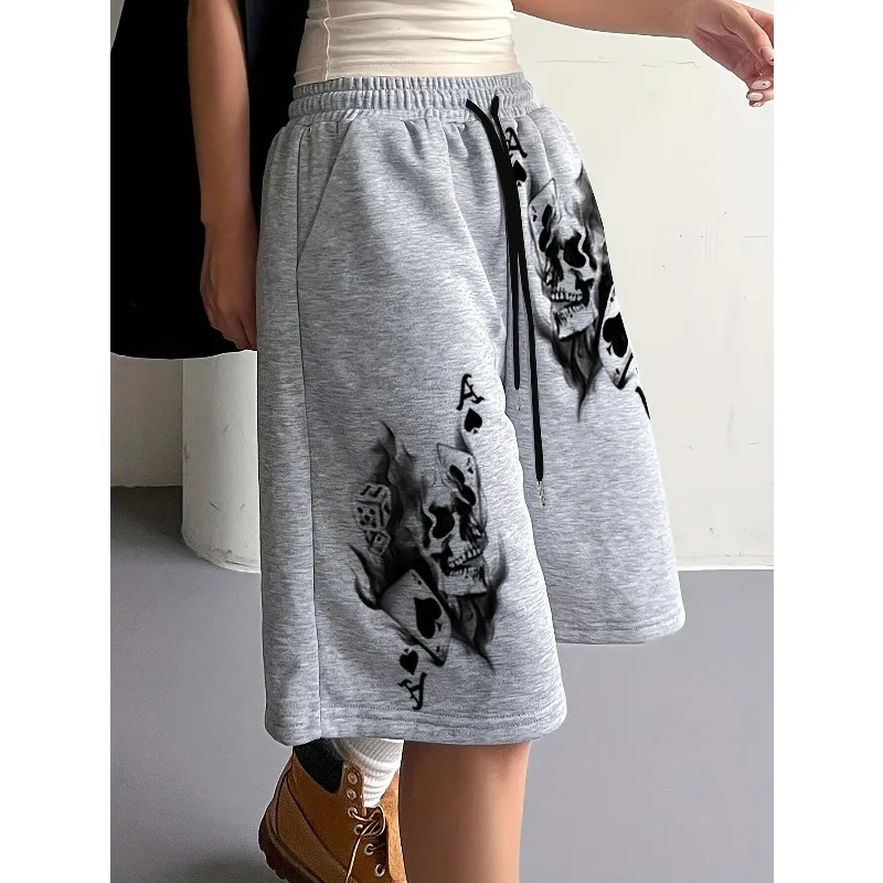 Skeleton Gothic printed women's casual shorts, loose sportswear fabric shorts with drawstring pockets