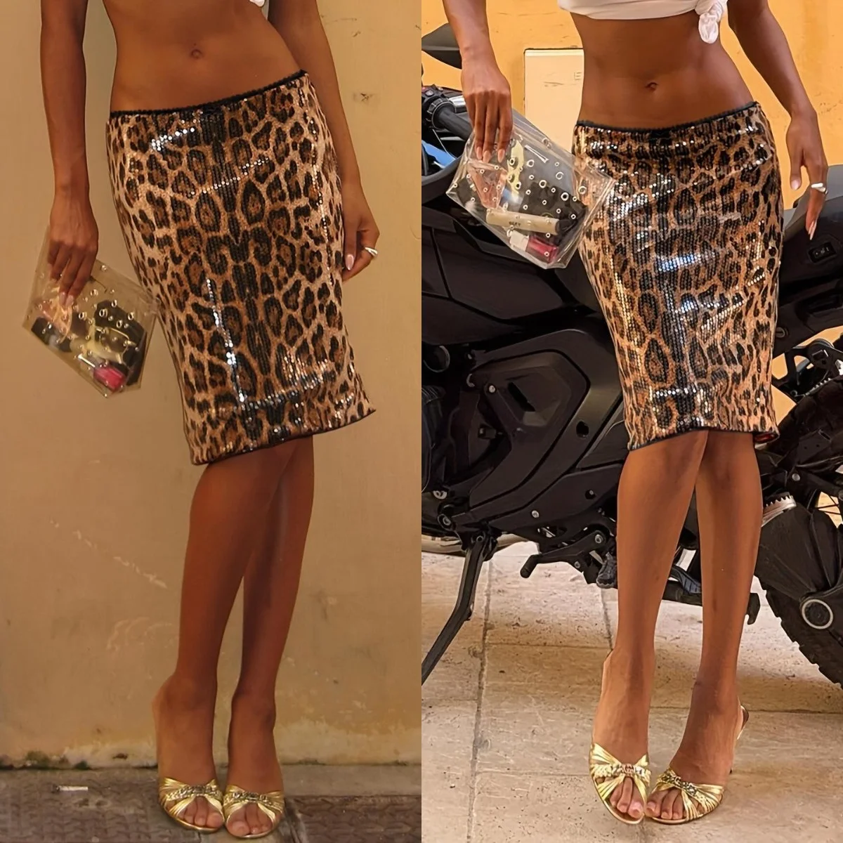 Street spice girl style hip skirt, leopard sequined design, spring and summer casual fashion slim sexy hip skirt