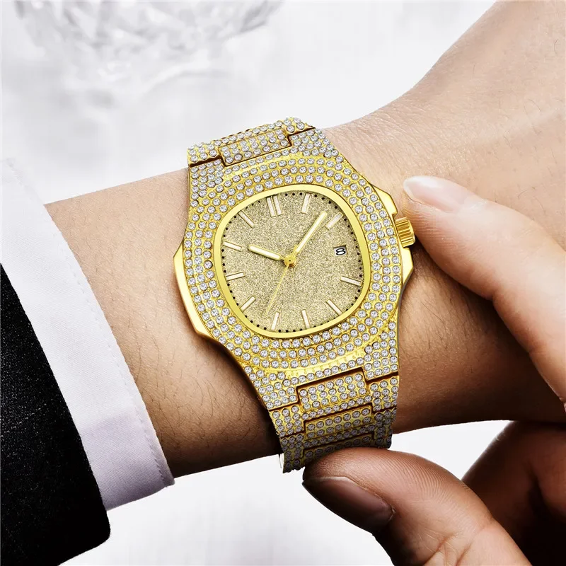 Orologi da uomo con data e cinturino in lega di moda con diamanti di marca di lusso Hip Hop